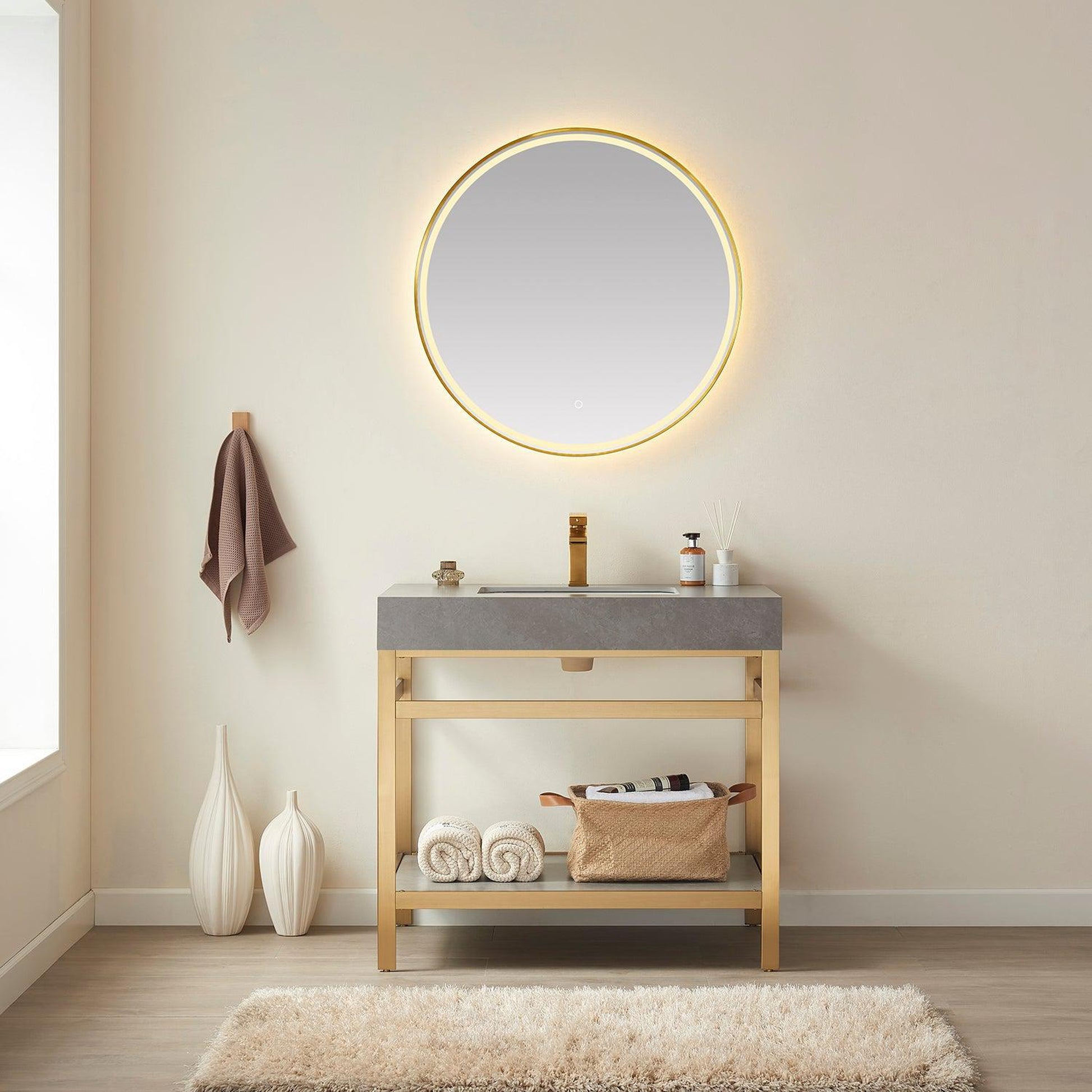 Vinnova Funes 36" Single Sink Bath Vanity In Brushed Gold Metal Support With Grey Sintered Stone Top And Mirror