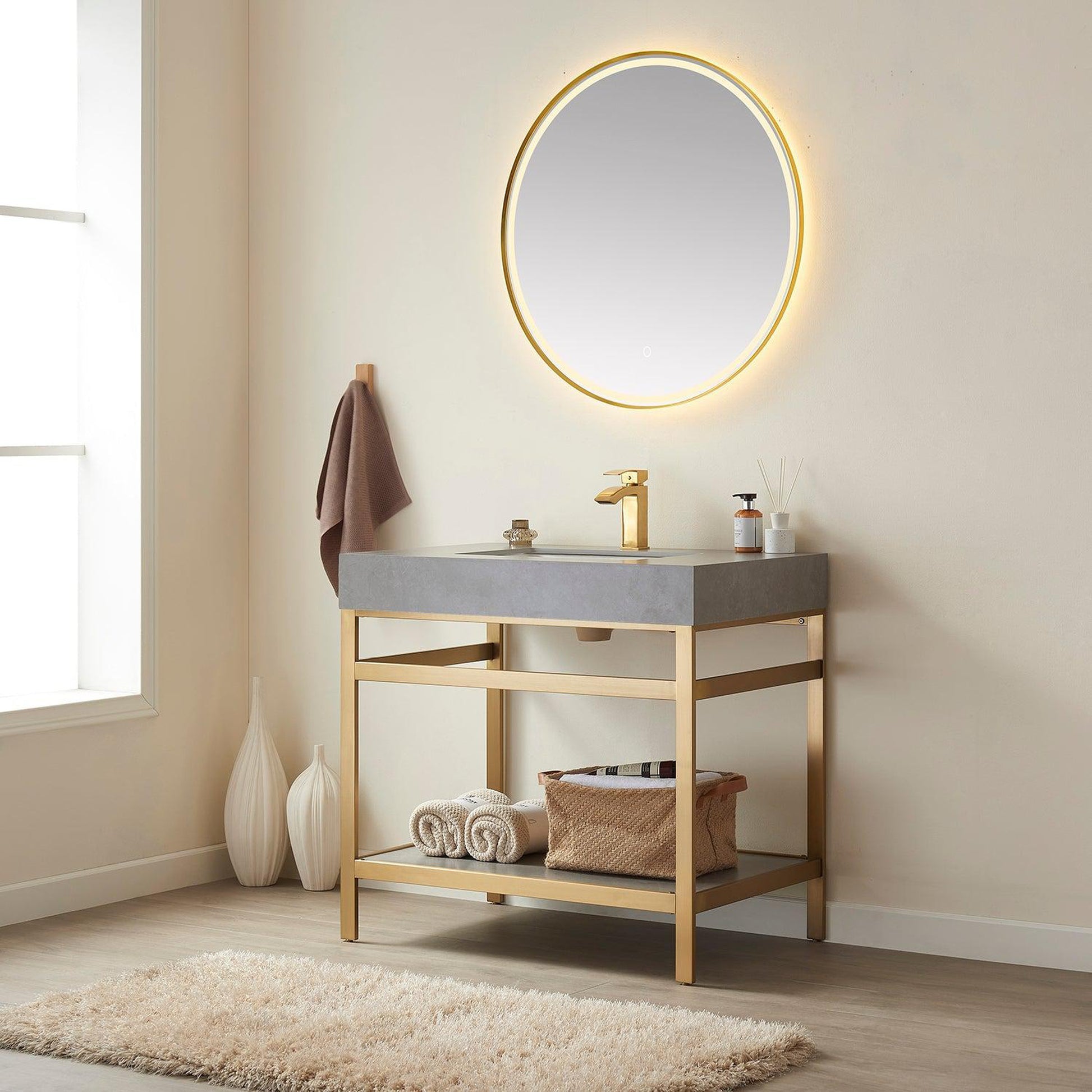 Vinnova Funes 36" Single Sink Bath Vanity In Brushed Gold Metal Support With Grey Sintered Stone Top And Mirror