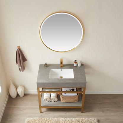 Vinnova Funes 36" Single Sink Bath Vanity In Brushed Gold Metal Support With Grey Sintered Stone Top And Mirror