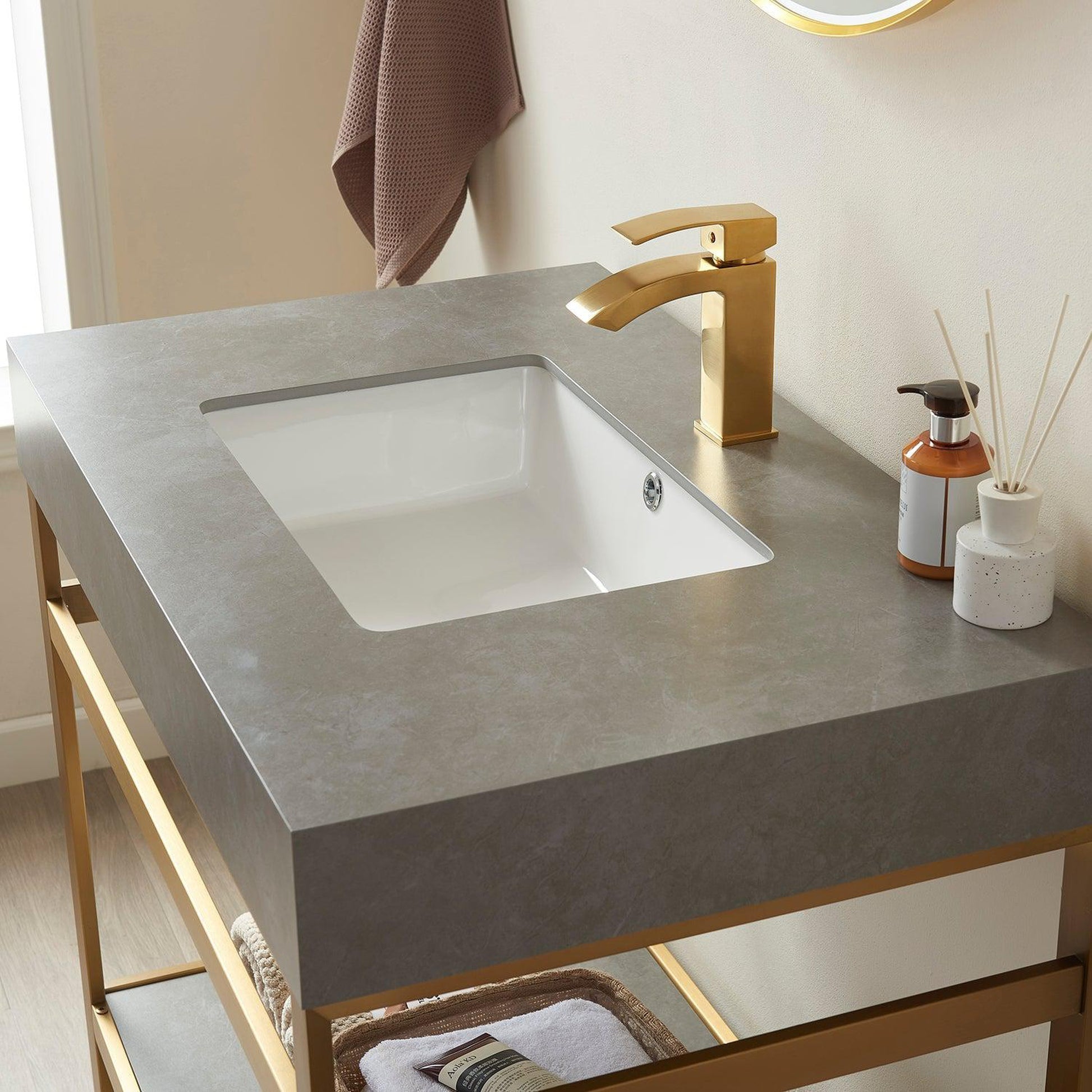 Vinnova Funes 36" Single Sink Bath Vanity In Brushed Gold Metal Support With Grey Sintered Stone Top And Mirror