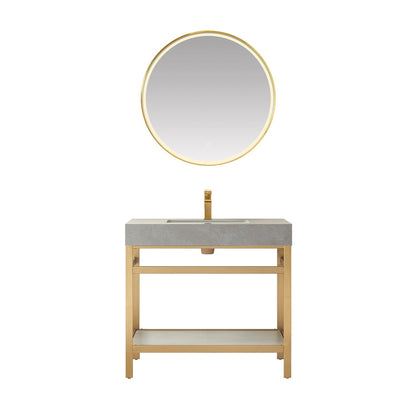 Vinnova Funes 36" Single Sink Bath Vanity In Brushed Gold Metal Support With Grey Sintered Stone Top And Mirror