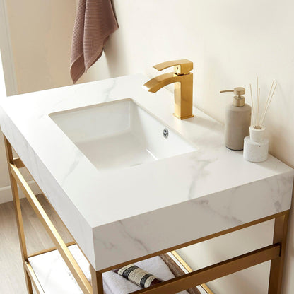 Vinnova Funes 36" Single Sink Bath Vanity In Brushed Gold Metal Support With White Sintered Stone Top