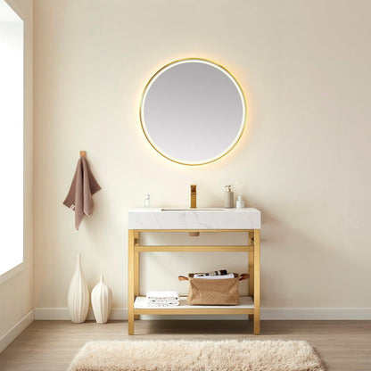 Vinnova Funes 36" Single Sink Bath Vanity In Brushed Gold Metal Support With White Sintered Stone Top And Mirror