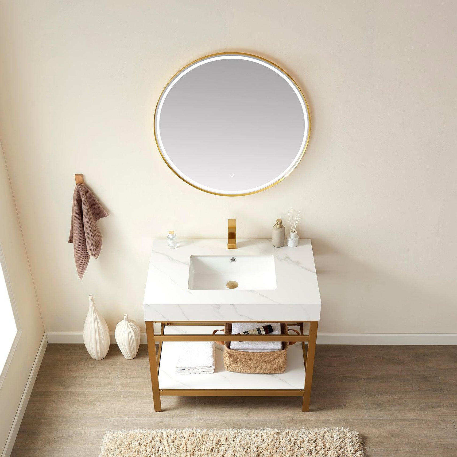 Vinnova Funes 36" Single Sink Bath Vanity In Brushed Gold Metal Support With White Sintered Stone Top And Mirror