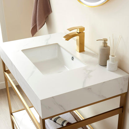 Vinnova Funes 36" Single Sink Bath Vanity In Brushed Gold Metal Support With White Sintered Stone Top And Mirror