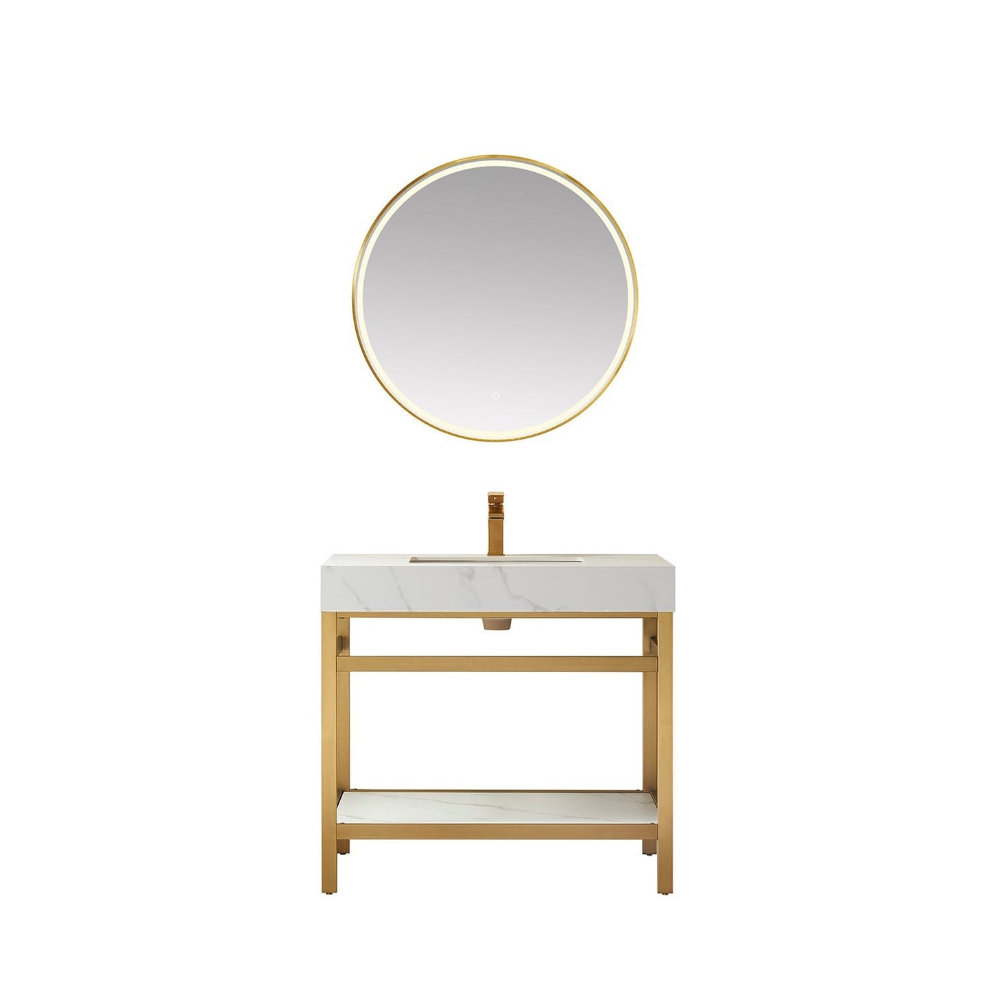 Vinnova Funes 36" Single Sink Bath Vanity In Brushed Gold Metal Support With White Sintered Stone Top And Mirror