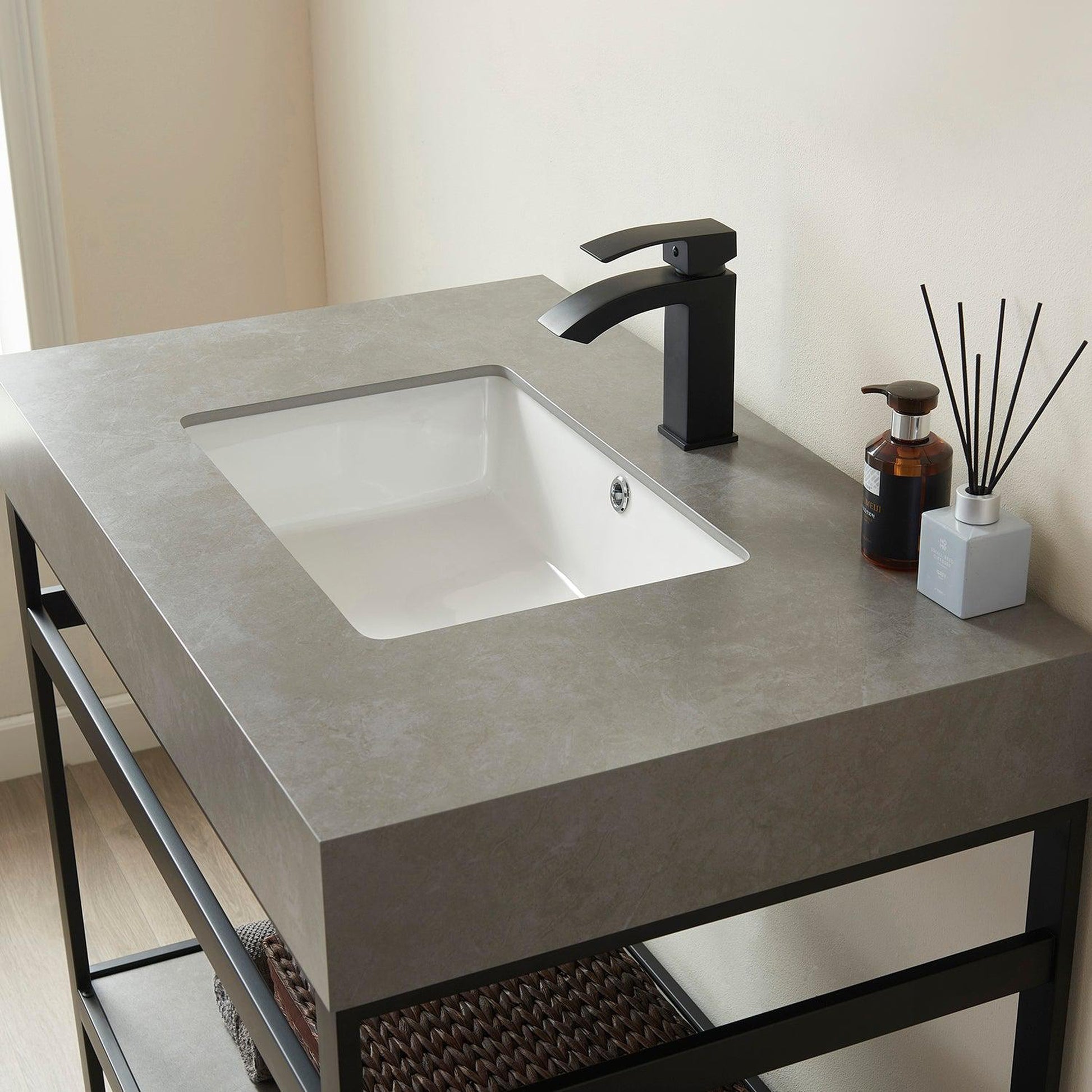 Vinnova Funes 36" Single Sink Bath Vanity In Matt Black Metal Support With Grey Sintered Stone Top