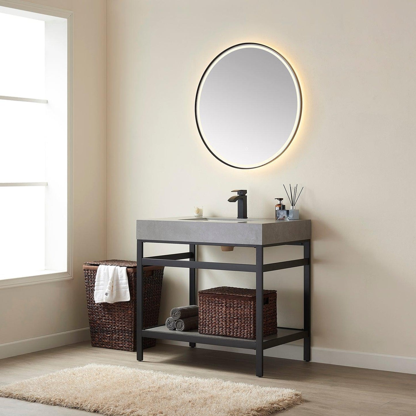 Vinnova Funes 36" Single Sink Bath Vanity In Matt Black Metal Support With Grey Sintered Stone Top And Mirror