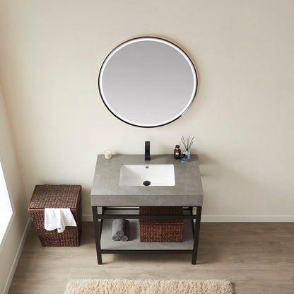 Vinnova Funes 36" Single Sink Bath Vanity In Matt Black Metal Support With Grey Sintered Stone Top And Mirror