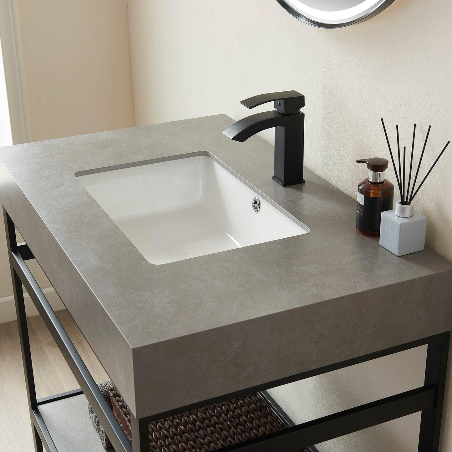 Vinnova Funes 36" Single Sink Bath Vanity In Matt Black Metal Support With Grey Sintered Stone Top And Mirror