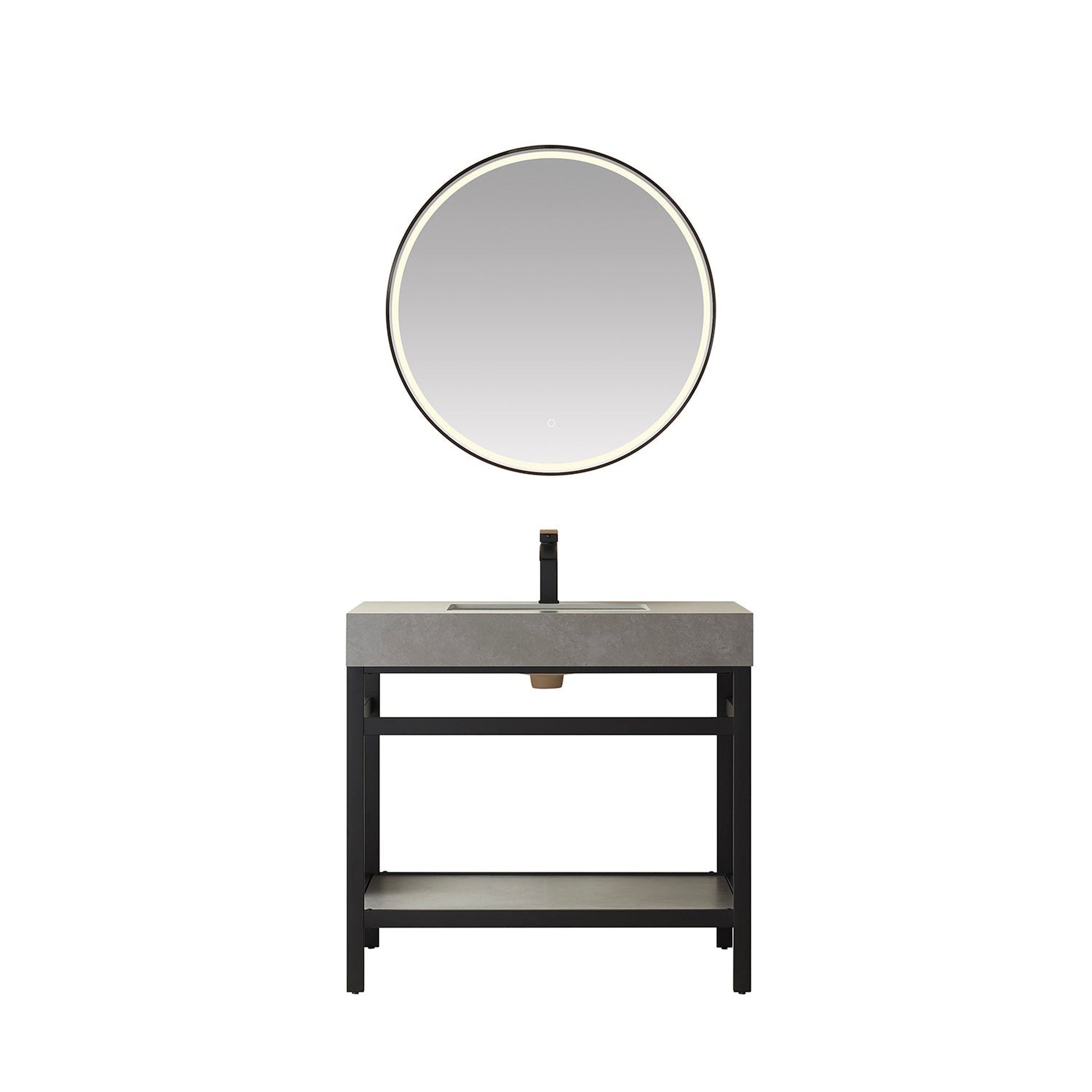 Vinnova Funes 36" Single Sink Bath Vanity In Matt Black Metal Support With Grey Sintered Stone Top And Mirror