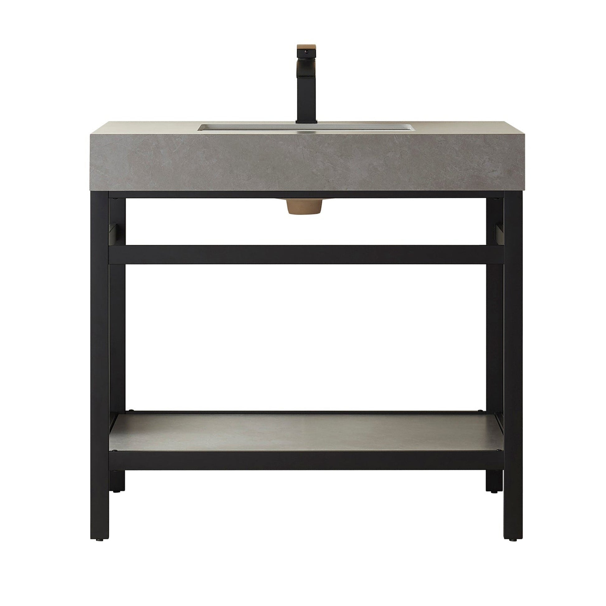 Vinnova Funes 36" Single Sink Bath Vanity In Matt Black Metal Support With Grey Sintered Stone Top