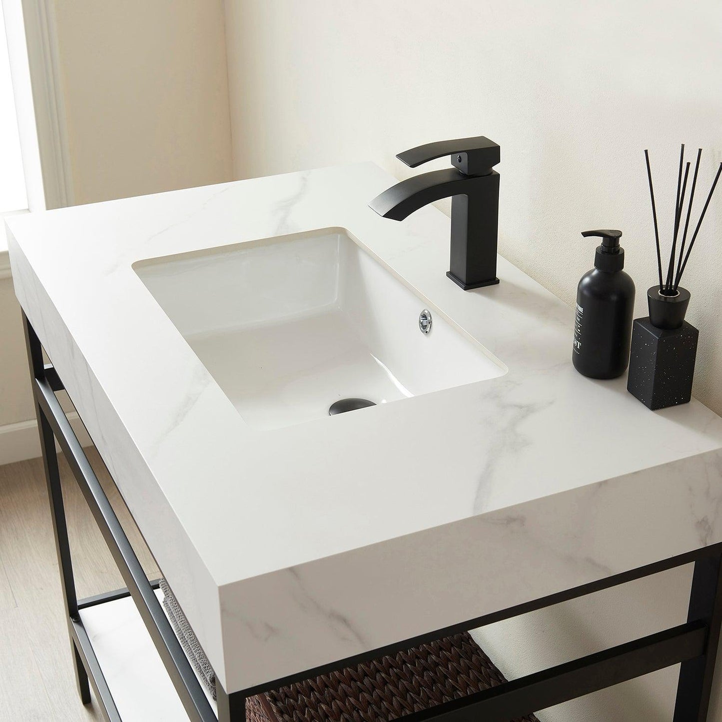 Vinnova Funes 36" Single Sink Bath Vanity In Matt Black Metal Support With White Sintered Stone Top