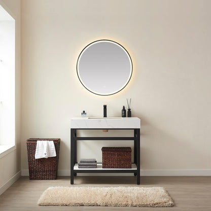 Vinnova Funes 36" Single Sink Bath Vanity In Matt Black Metal Support With White Sintered Stone Top And Mirror