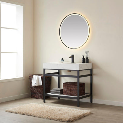 Vinnova Funes 36" Single Sink Bath Vanity In Matt Black Metal Support With White Sintered Stone Top And Mirror