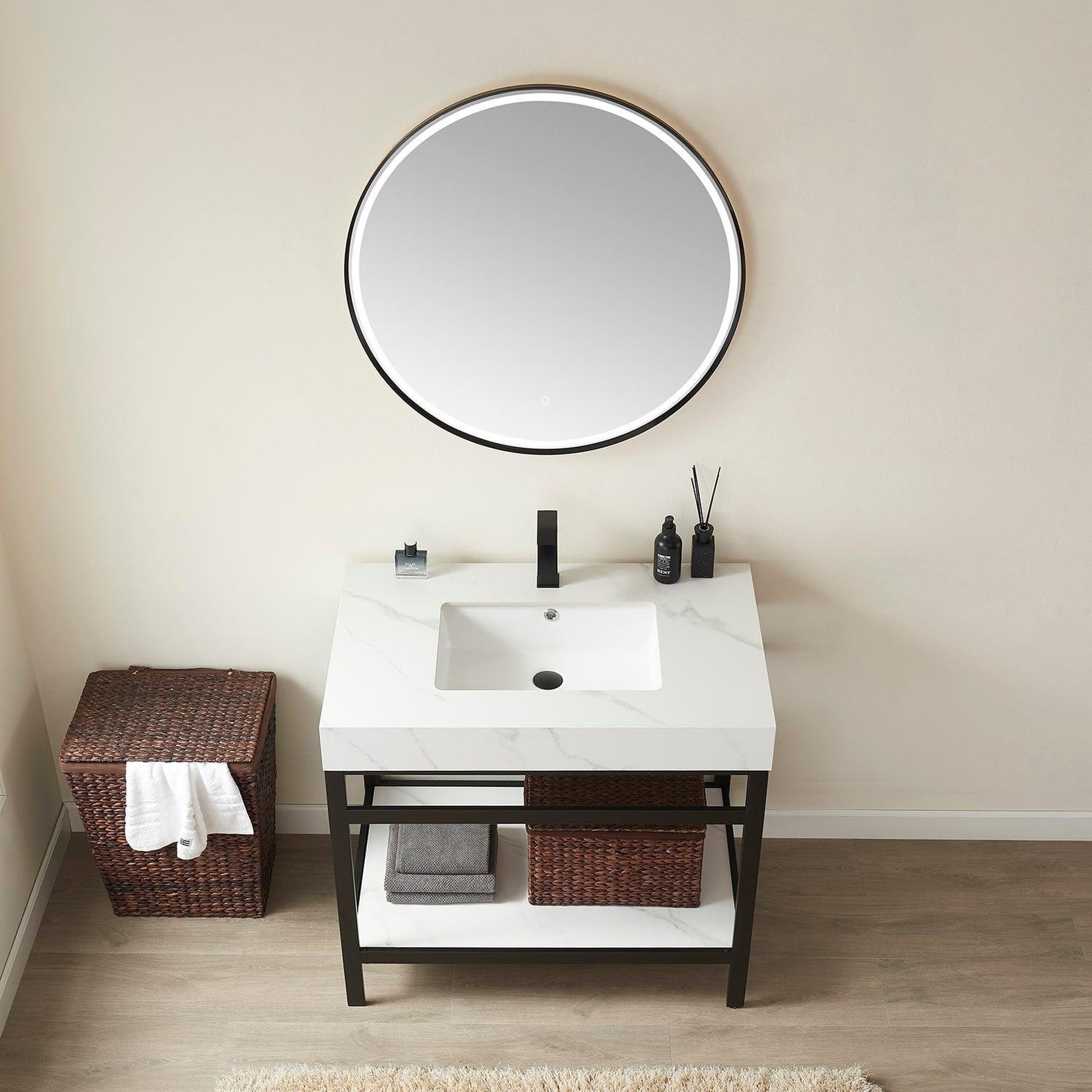 Vinnova Funes 36" Single Sink Bath Vanity In Matt Black Metal Support With White Sintered Stone Top And Mirror