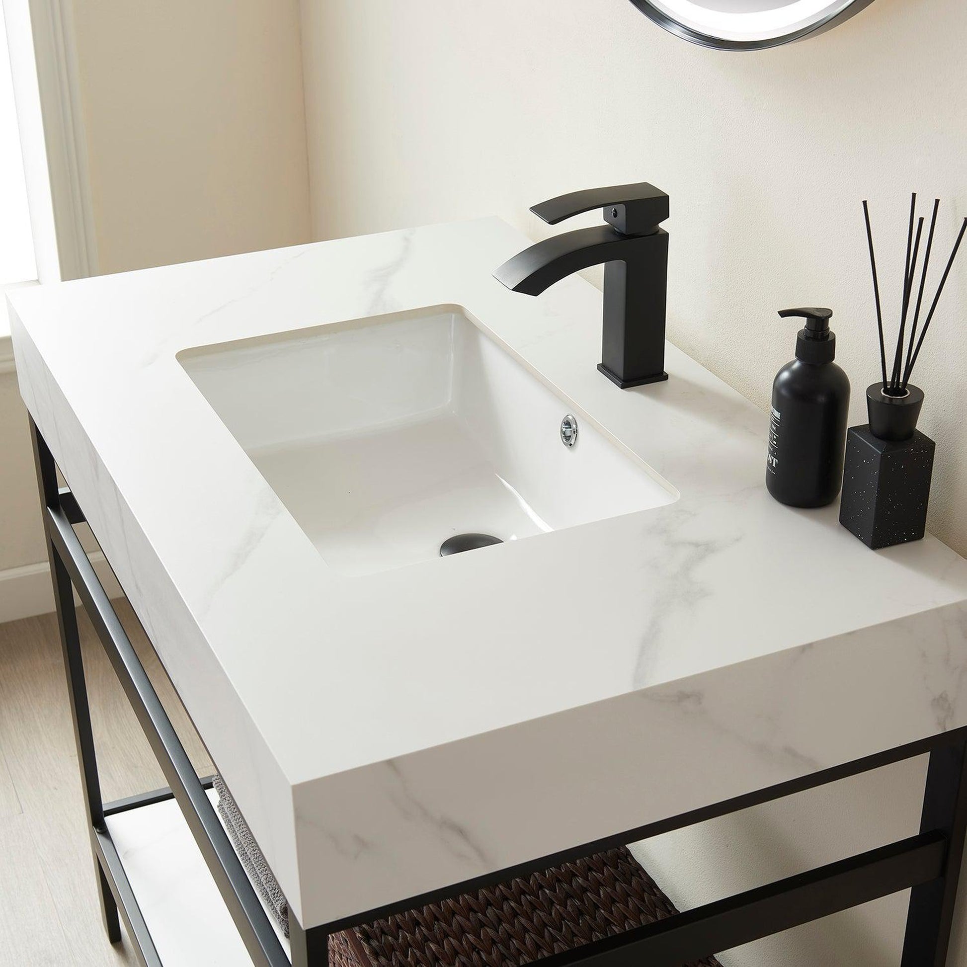 Vinnova Funes 36" Single Sink Bath Vanity In Matt Black Metal Support With White Sintered Stone Top And Mirror