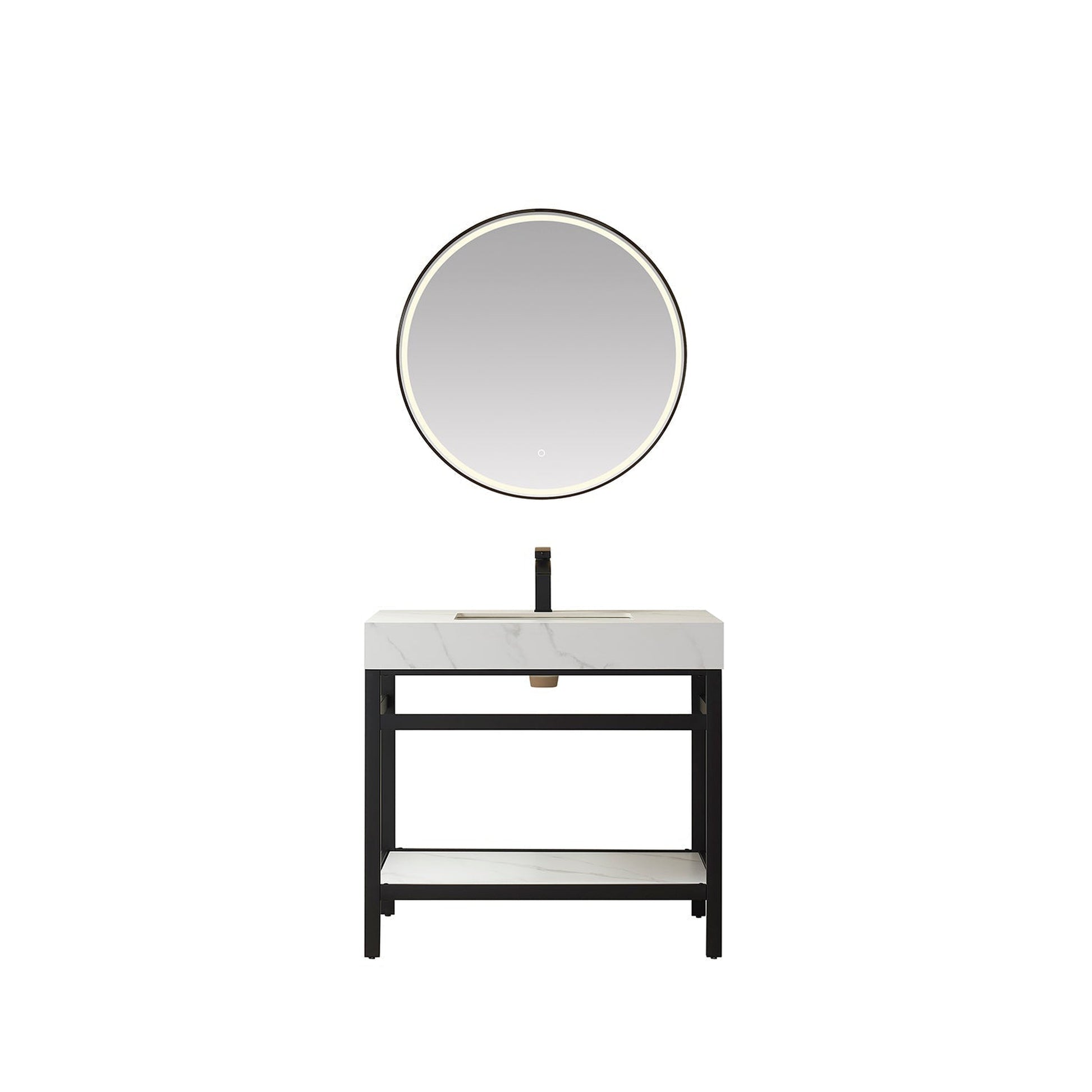 Vinnova Funes 36" Single Sink Bath Vanity In Matt Black Metal Support With White Sintered Stone Top And Mirror