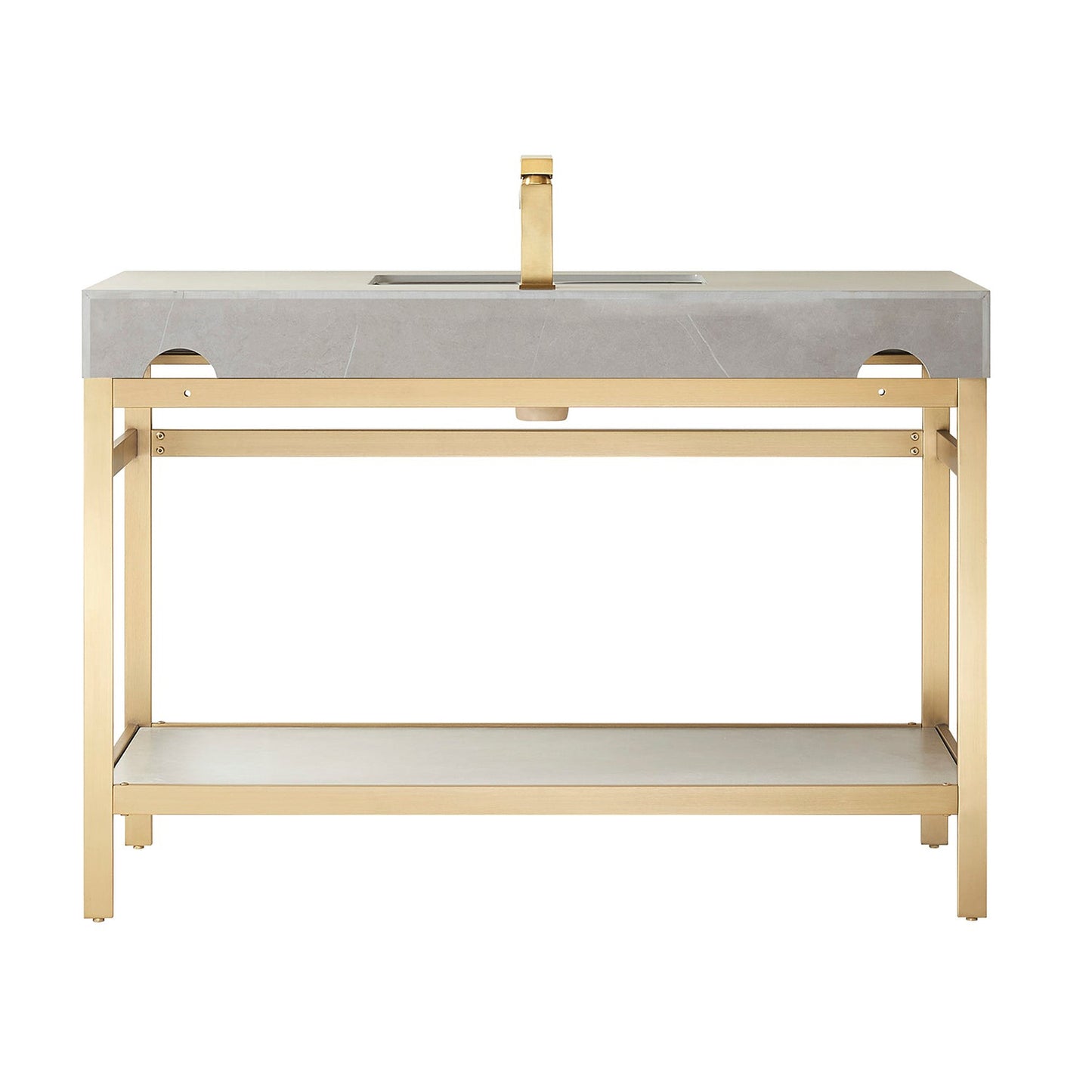 Vinnova Funes 48" Single Sink Bath Vanity In Brushed Gold Metal Support With Grey Sintered Stone Top And Mirror