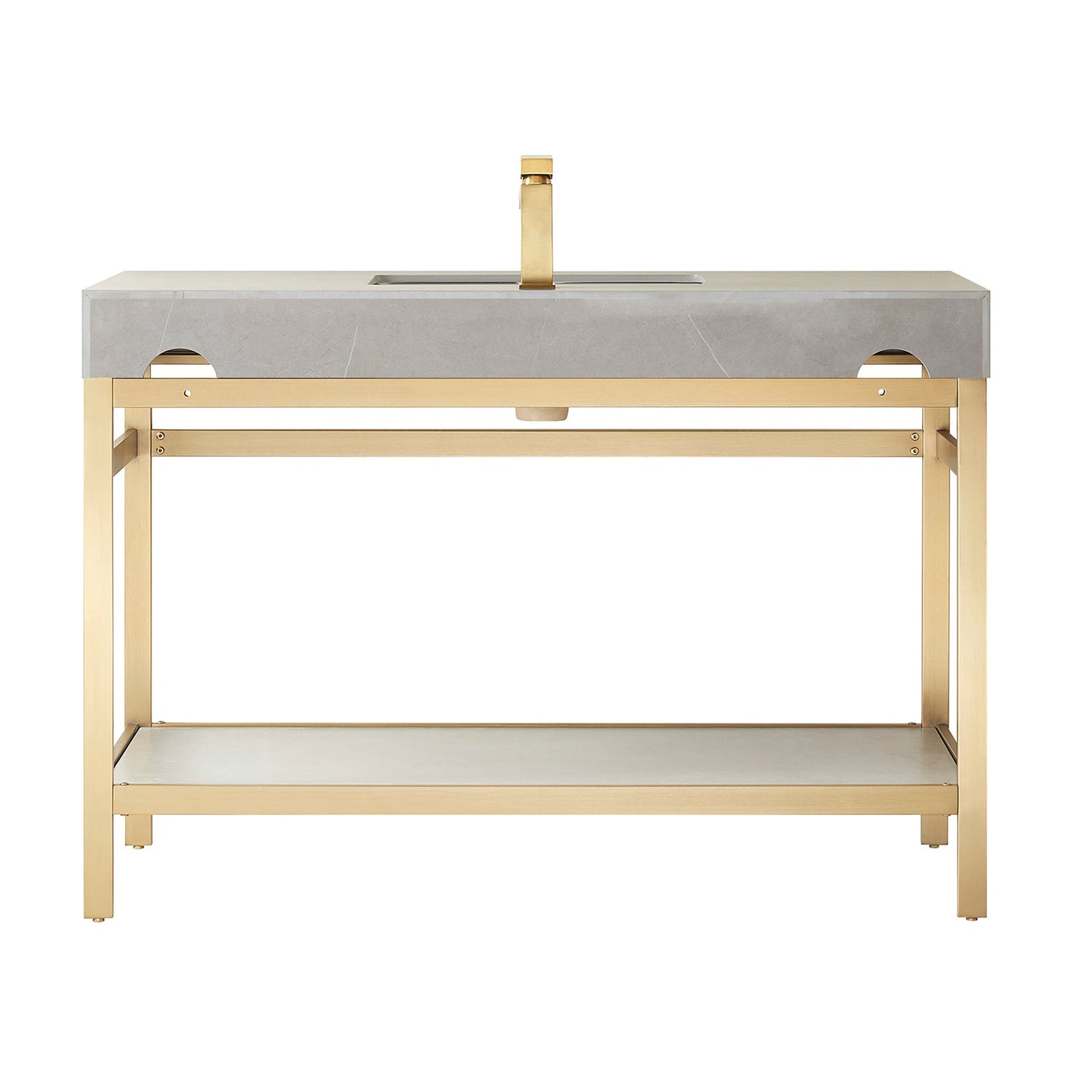 Vinnova Funes 48" Single Sink Bath Vanity In Brushed Gold Metal Support With Grey Sintered Stone Top And Mirror