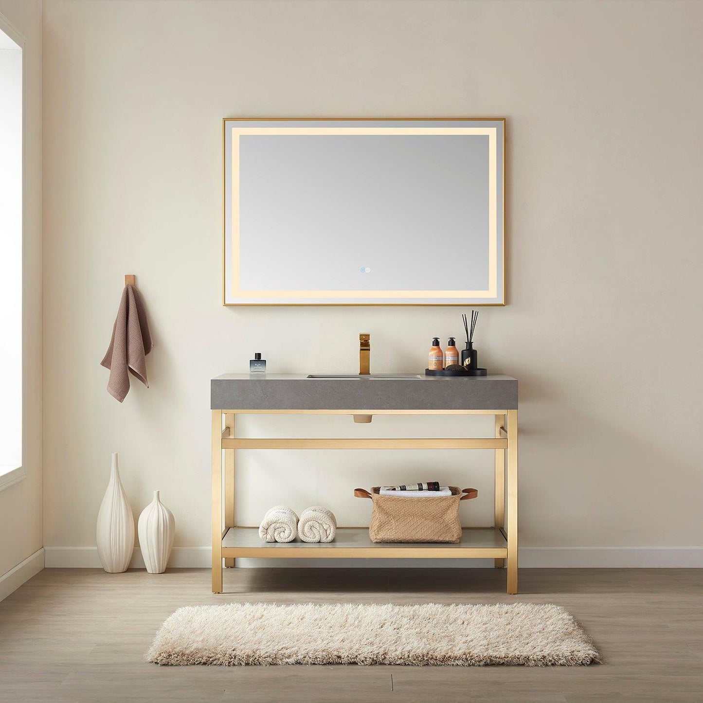 Vinnova Funes 48" Single Sink Bath Vanity In Brushed Gold Metal Support With Grey Sintered Stone Top And Mirror