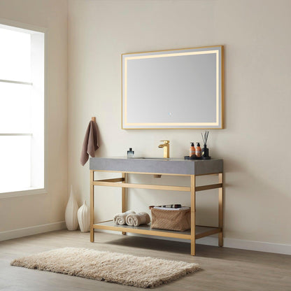 Vinnova Funes 48" Single Sink Bath Vanity In Brushed Gold Metal Support With Grey Sintered Stone Top And Mirror