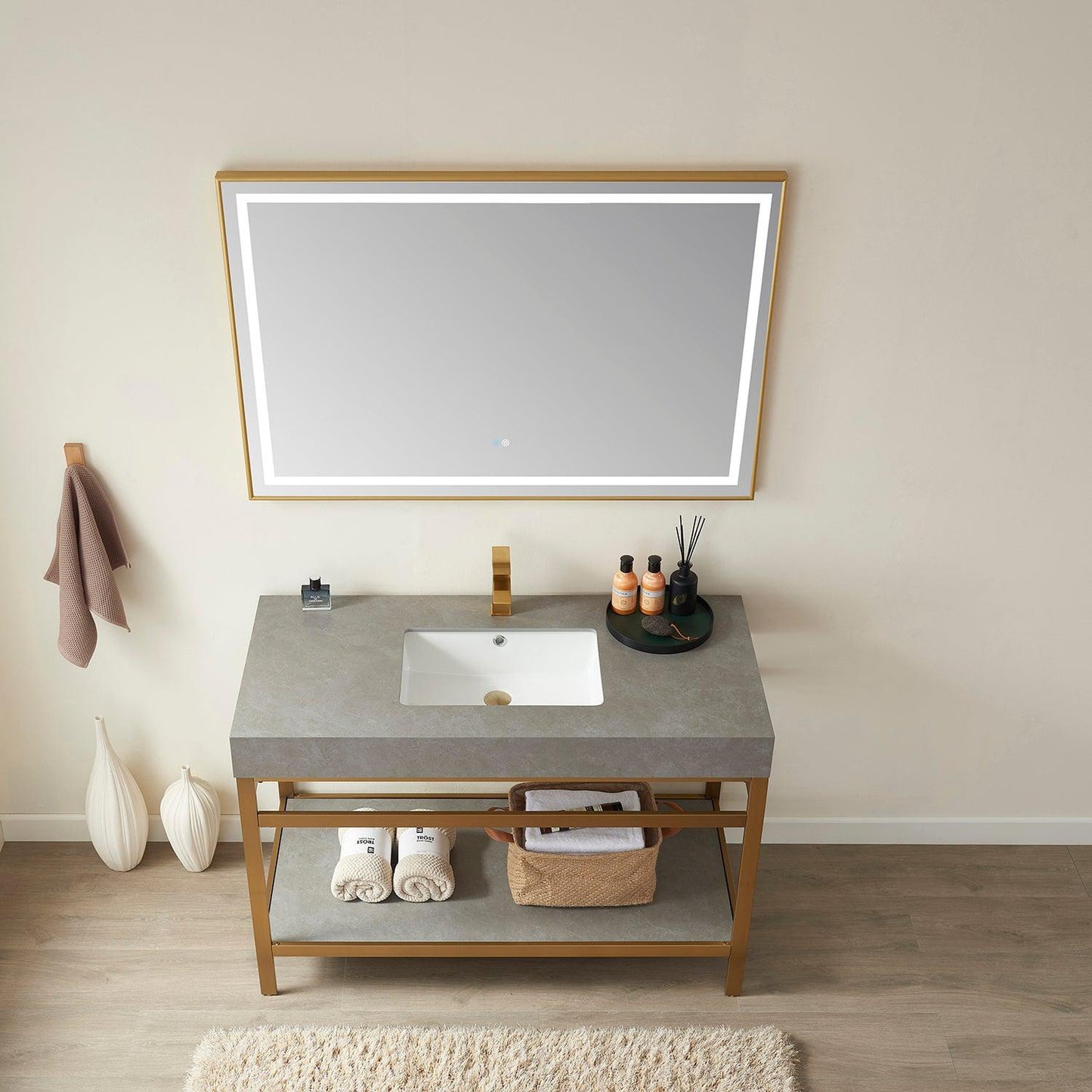 Vinnova Funes 48" Single Sink Bath Vanity In Brushed Gold Metal Support With Grey Sintered Stone Top And Mirror