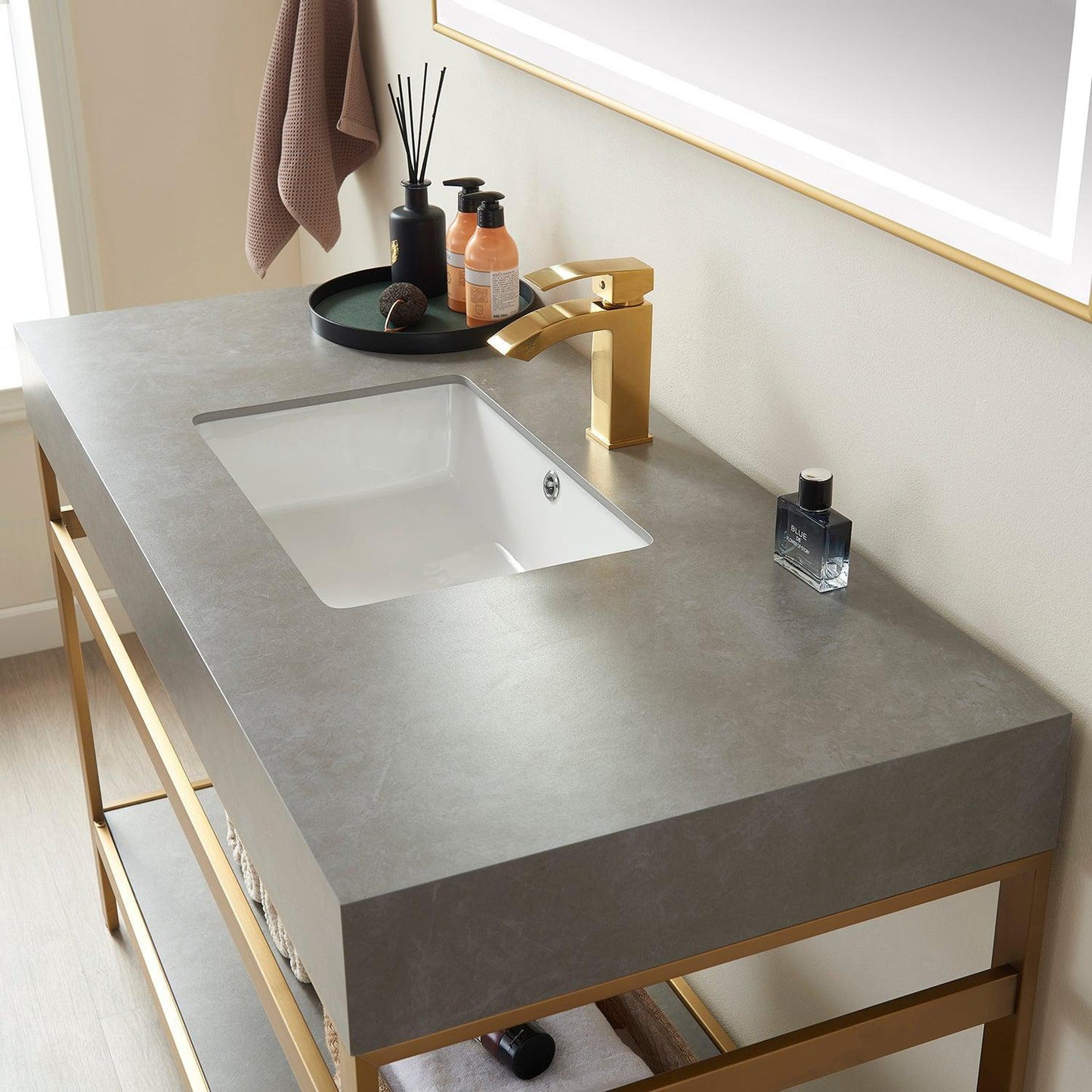 Vinnova Funes 48" Single Sink Bath Vanity In Brushed Gold Metal Support With Grey Sintered Stone Top And Mirror