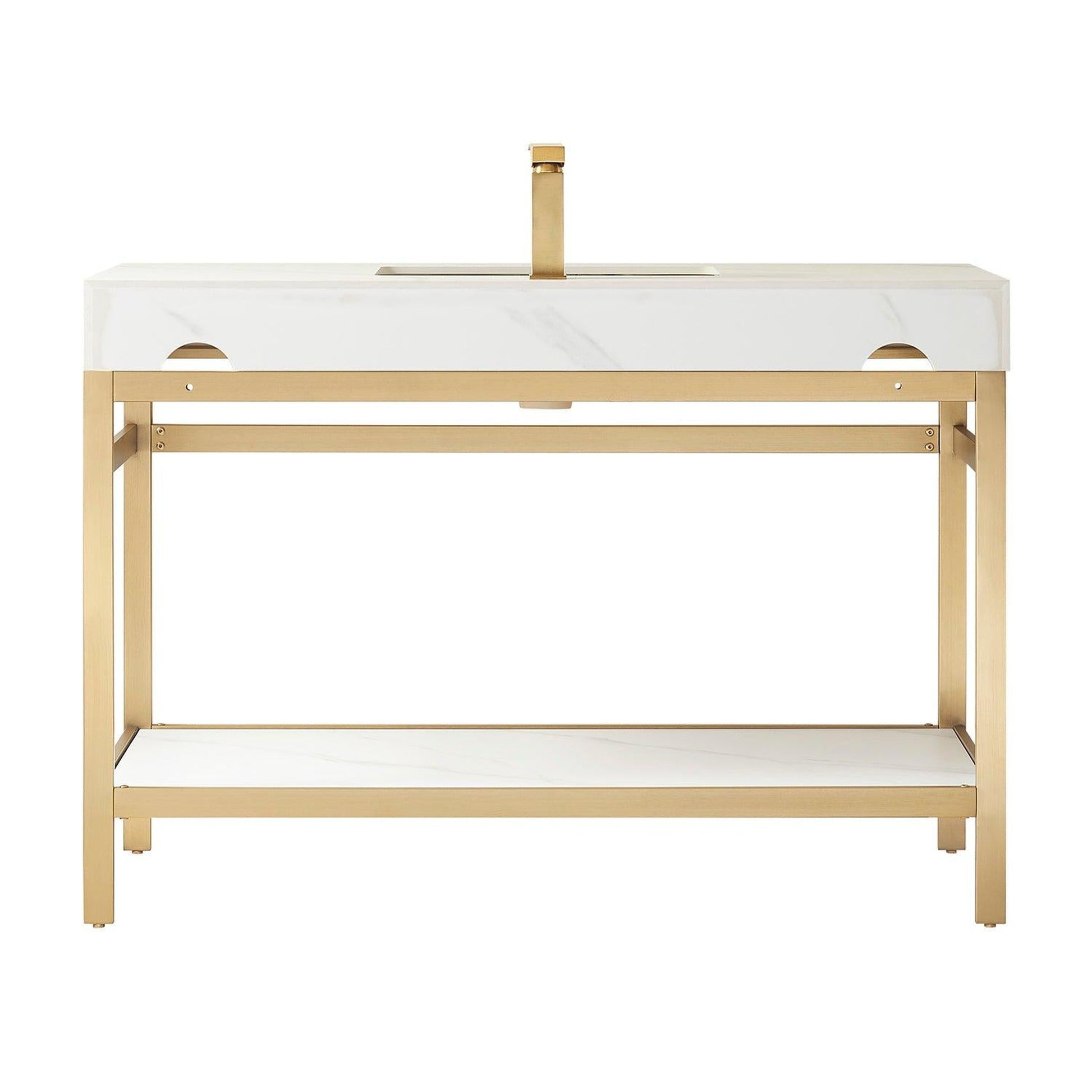 Vinnova Funes 48" Single Sink Bath Vanity In Brushed Gold Metal Support With White Sintered Stone Top