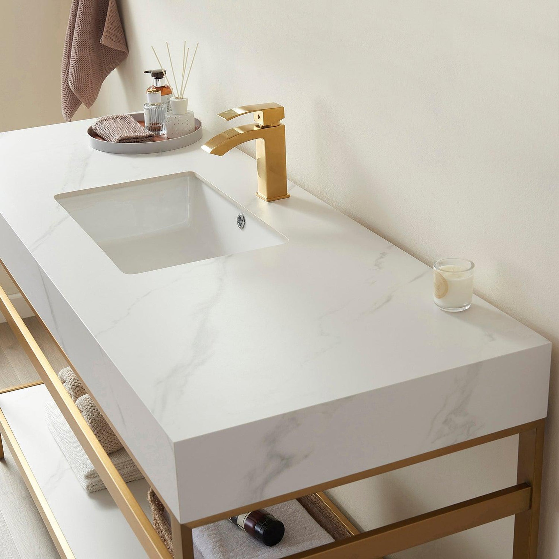 Vinnova Funes 48" Single Sink Bath Vanity In Brushed Gold Metal Support With White Sintered Stone Top
