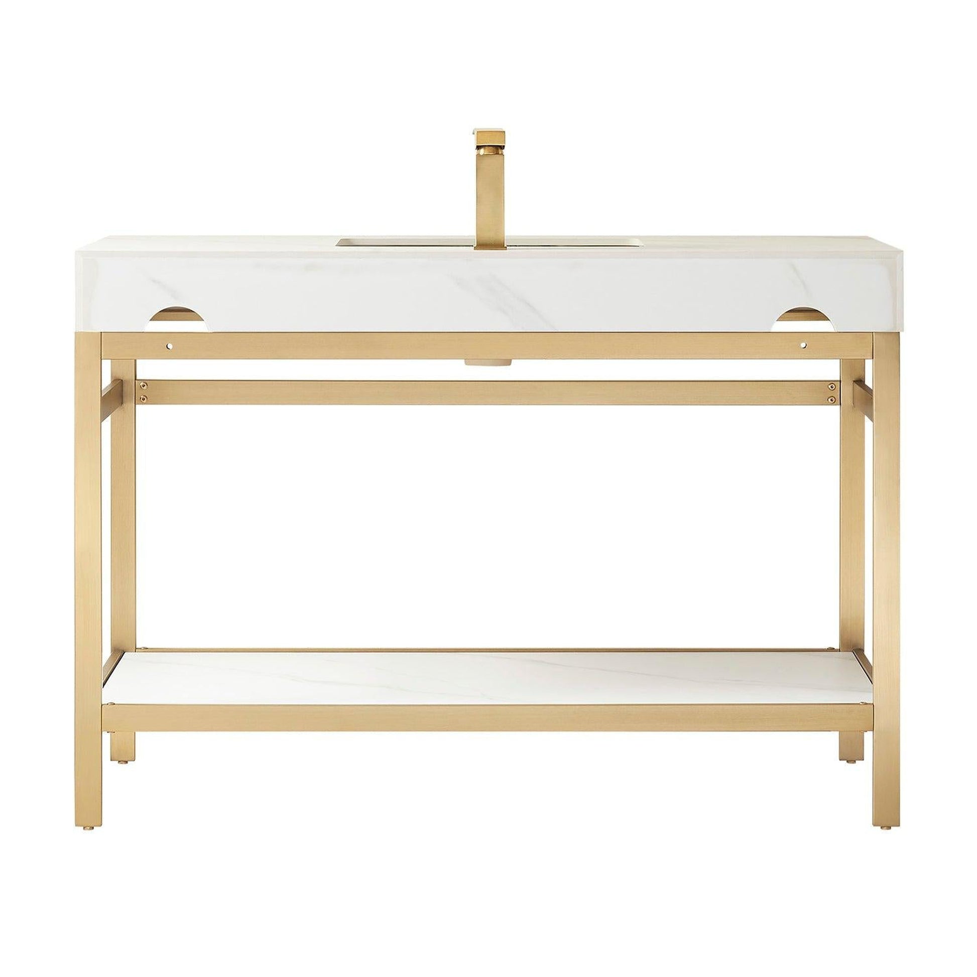 Vinnova Funes 48" Single Sink Bath Vanity In Brushed Gold Metal Support With White Sintered Stone Top And Mirror