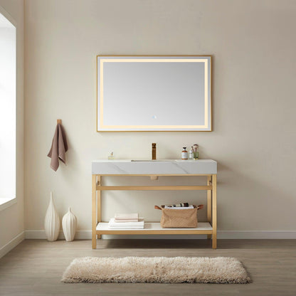 Vinnova Funes 48" Single Sink Bath Vanity In Brushed Gold Metal Support With White Sintered Stone Top And Mirror
