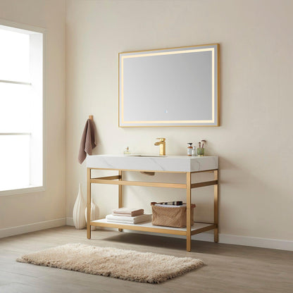 Vinnova Funes 48" Single Sink Bath Vanity In Brushed Gold Metal Support With White Sintered Stone Top And Mirror