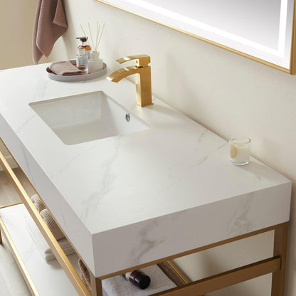 Vinnova Funes 48" Single Sink Bath Vanity In Brushed Gold Metal Support With White Sintered Stone Top And Mirror