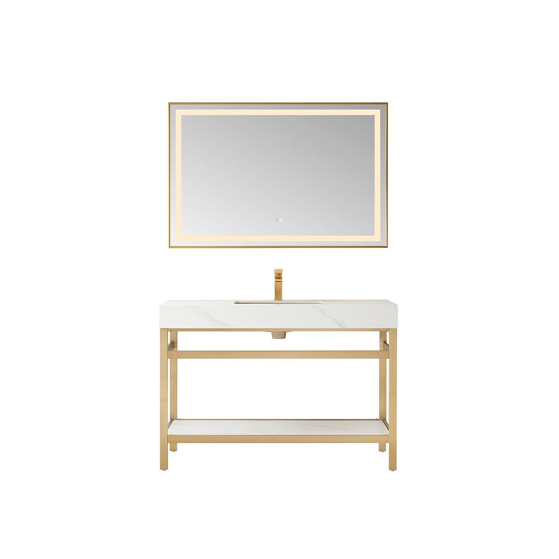 Vinnova Funes 48" Single Sink Bath Vanity In Brushed Gold Metal Support With White Sintered Stone Top And Mirror