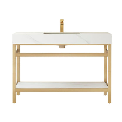 Vinnova Funes 48" Single Sink Bath Vanity In Brushed Gold Metal Support With White Sintered Stone Top