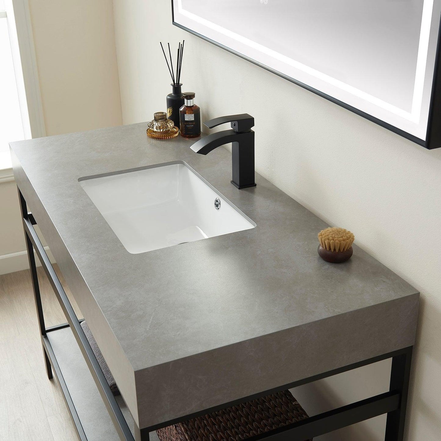 Vinnova Funes 48" Single Sink Bath Vanity In Matt Black Metal Support With Grey Sintered Stone Top And Mirror