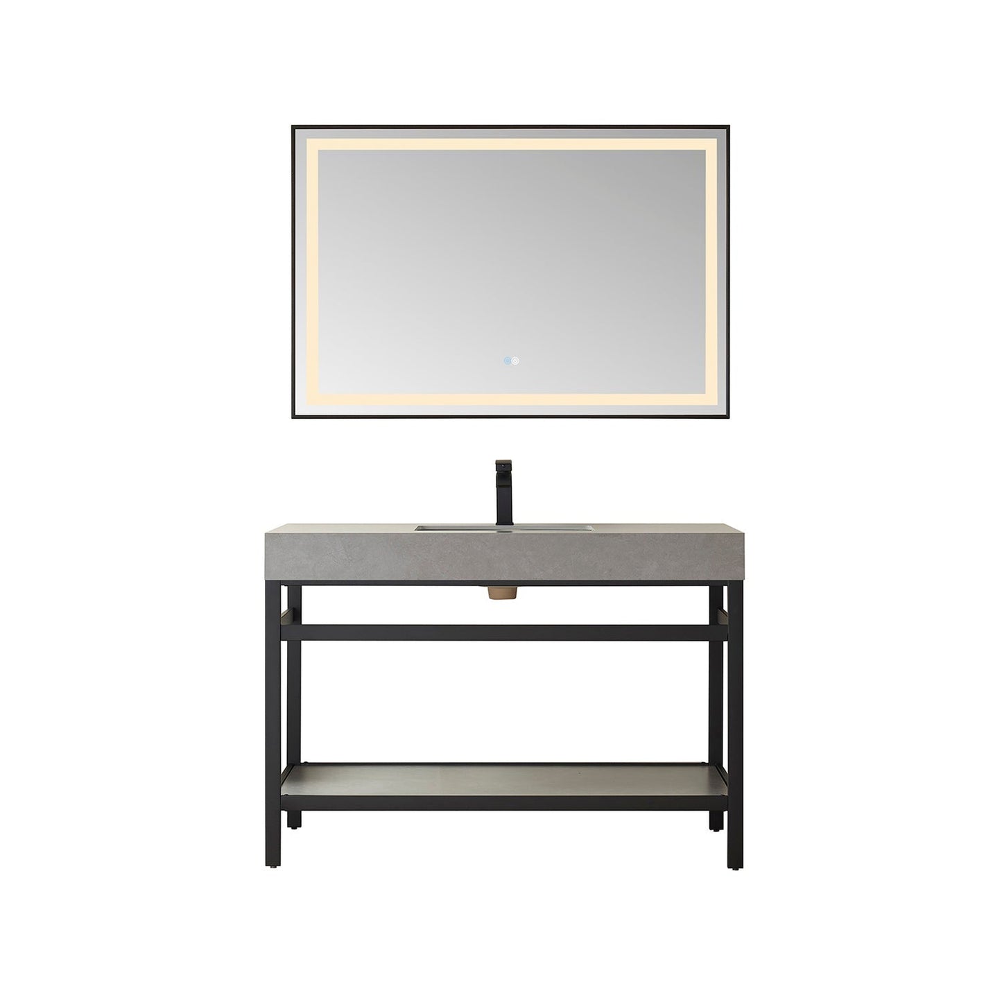 Vinnova Funes 48" Single Sink Bath Vanity In Matt Black Metal Support With Grey Sintered Stone Top And Mirror