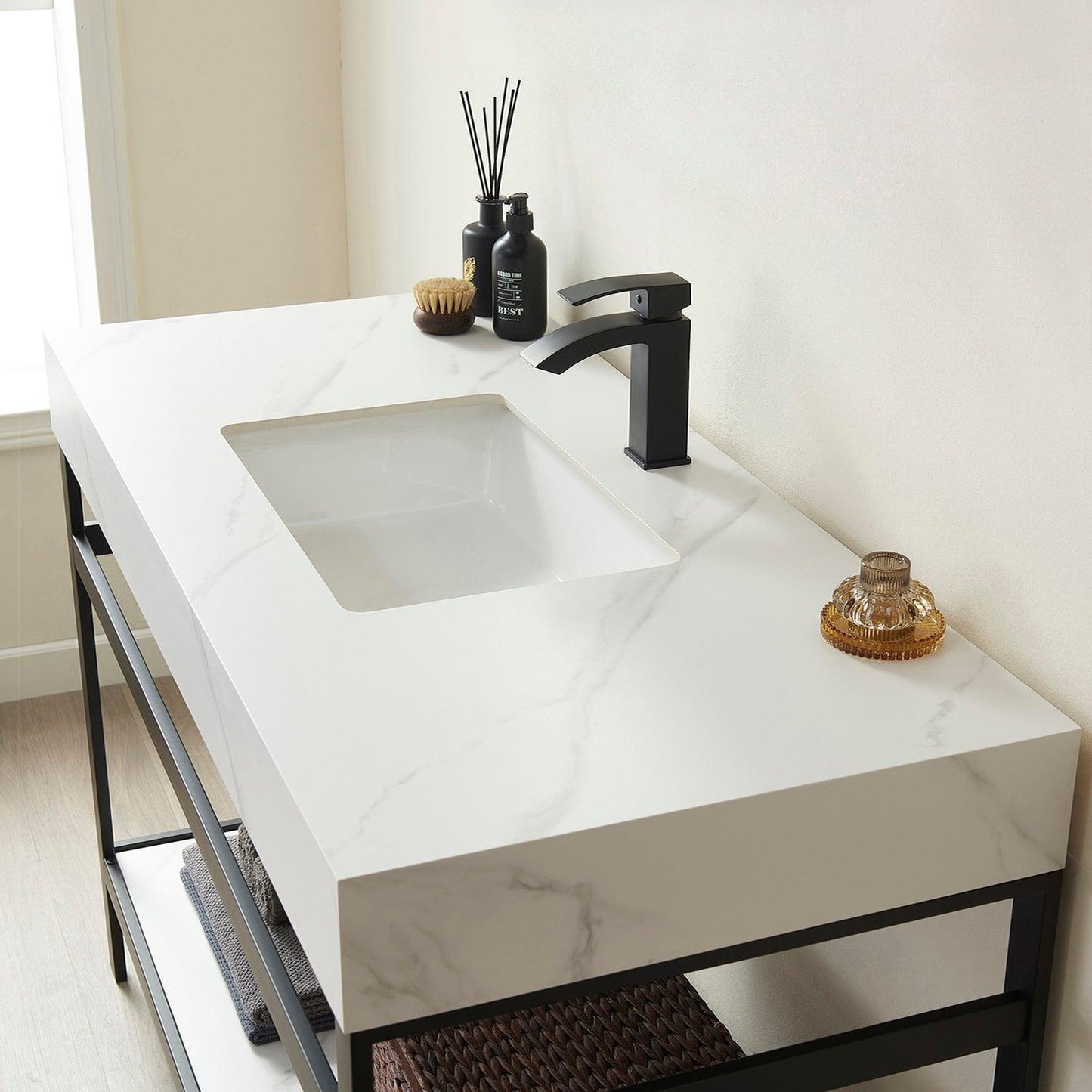 Vinnova Funes 48" Single Sink Bath Vanity In Matt Black Metal Support With White Sintered Stone Top