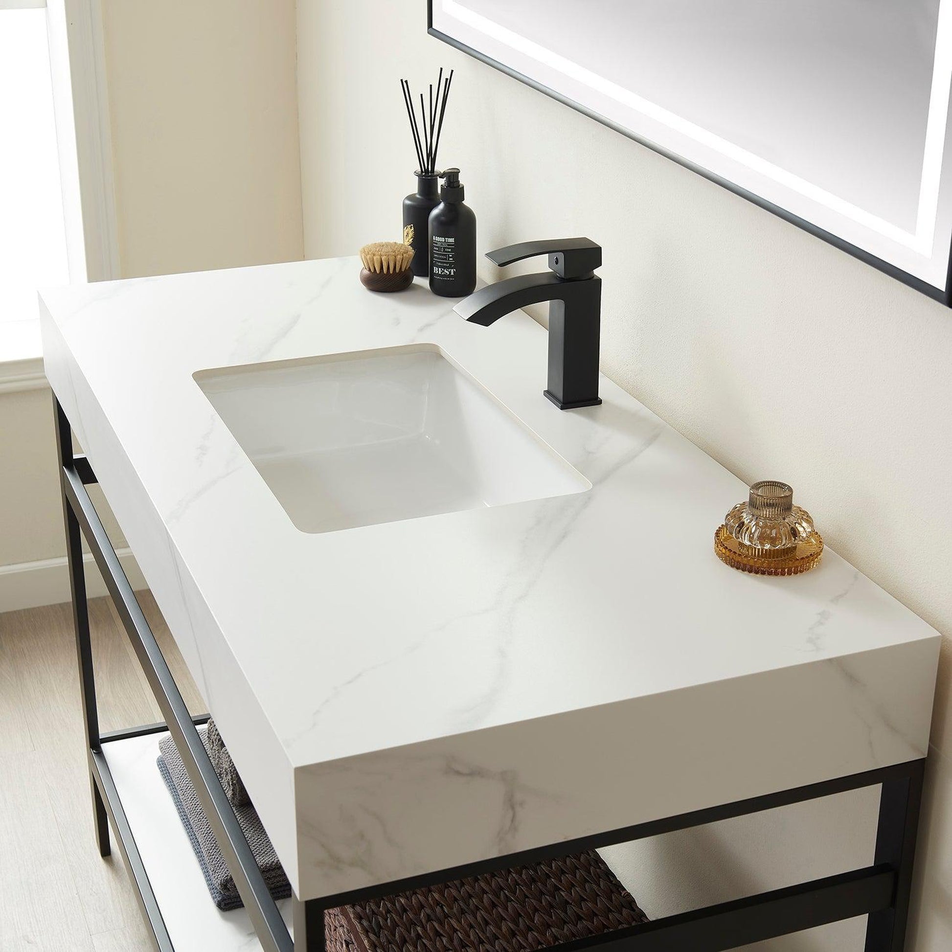 Vinnova Funes 48" Single Sink Bath Vanity In Matt Black Metal Support With White Sintered Stone Top And Mirror