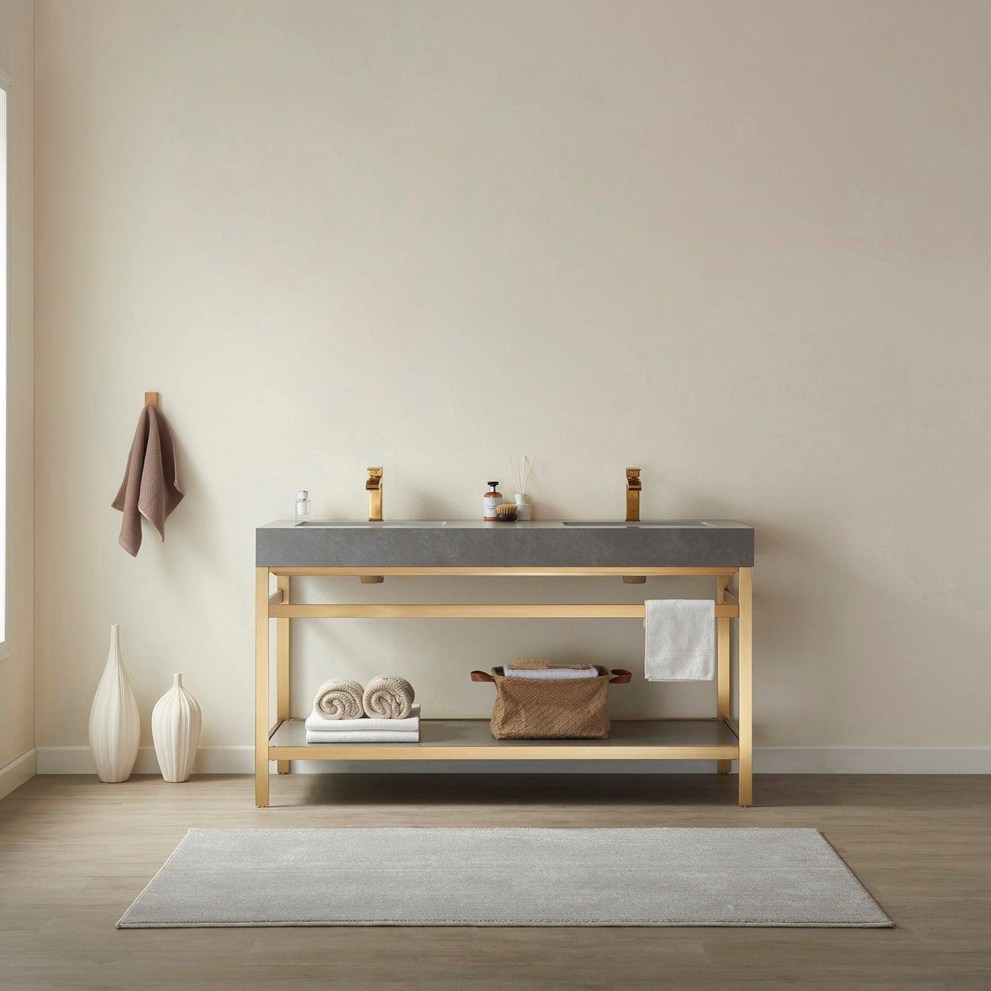 Vinnova Funes 60" Double Sink Bath Vanity In Brushed Gold Metal Support With Grey Sintered Stone Top