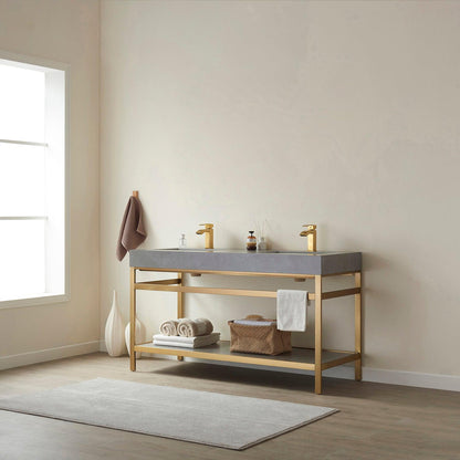 Vinnova Funes 60" Double Sink Bath Vanity In Brushed Gold Metal Support With Grey Sintered Stone Top