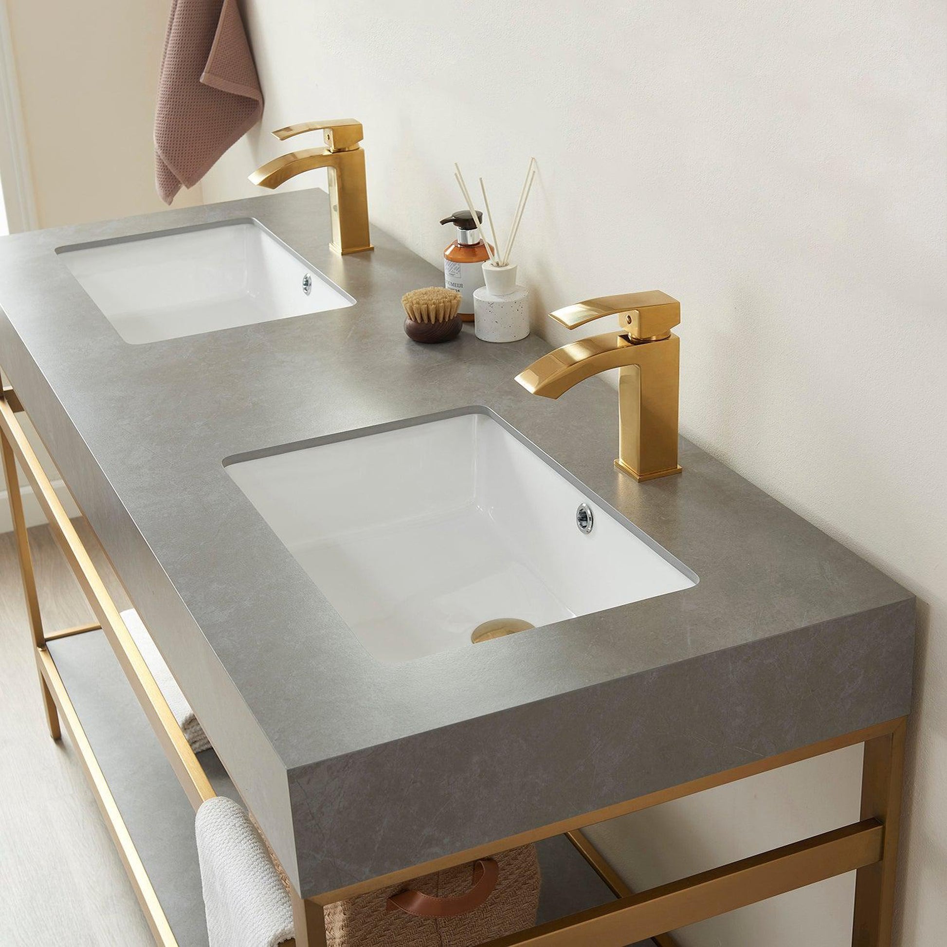Vinnova Funes 60" Double Sink Bath Vanity In Brushed Gold Metal Support With Grey Sintered Stone Top