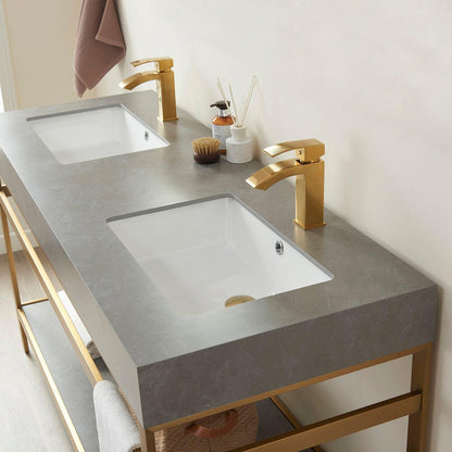 Vinnova Funes 60" Double Sink Bath Vanity In Brushed Gold Metal Support With Grey Sintered Stone Top