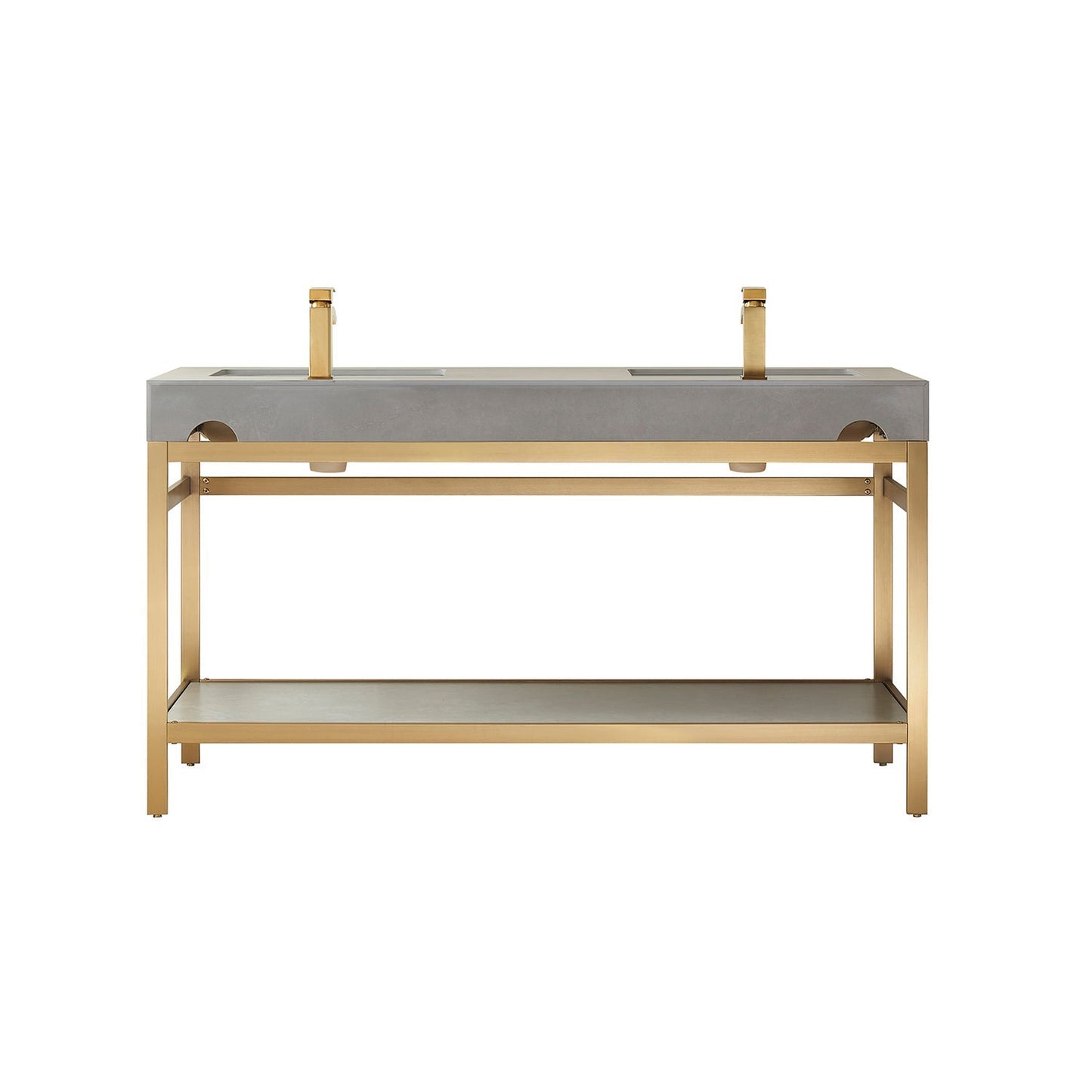 Vinnova Funes 60" Double Sink Bath Vanity In Brushed Gold Metal Support With Grey Sintered Stone Top And Mirror