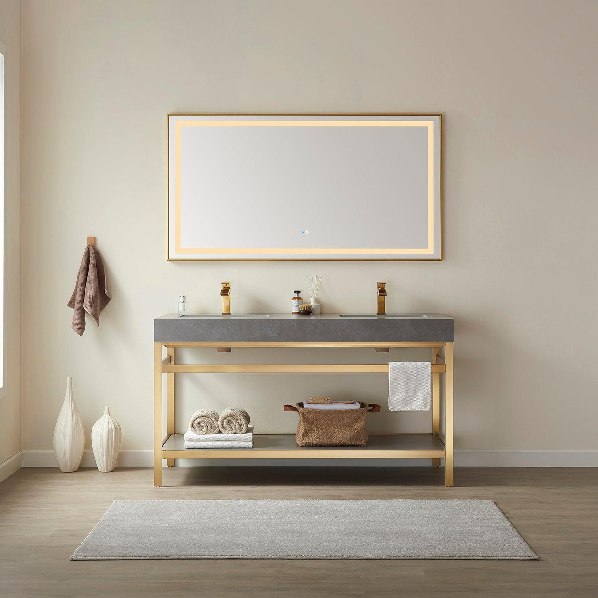 Vinnova Funes 60" Double Sink Bath Vanity In Brushed Gold Metal Support With Grey Sintered Stone Top And Mirror