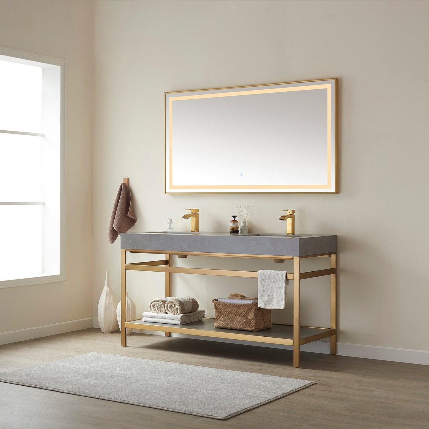 Vinnova Funes 60" Double Sink Bath Vanity In Brushed Gold Metal Support With Grey Sintered Stone Top And Mirror