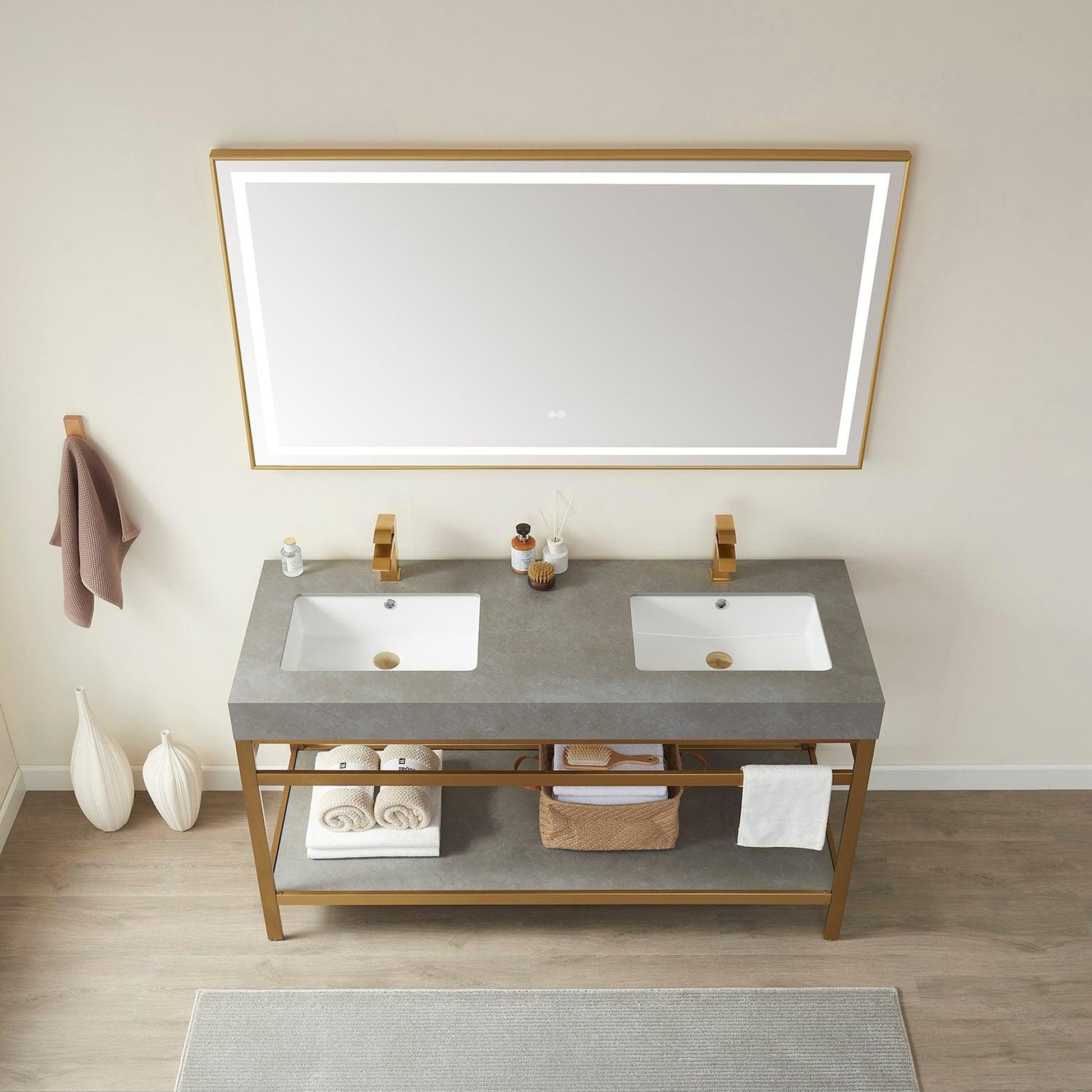 Vinnova Funes 60" Double Sink Bath Vanity In Brushed Gold Metal Support With Grey Sintered Stone Top And Mirror