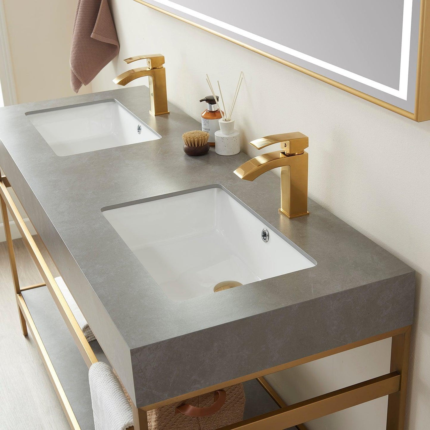 Vinnova Funes 60" Double Sink Bath Vanity In Brushed Gold Metal Support With Grey Sintered Stone Top And Mirror