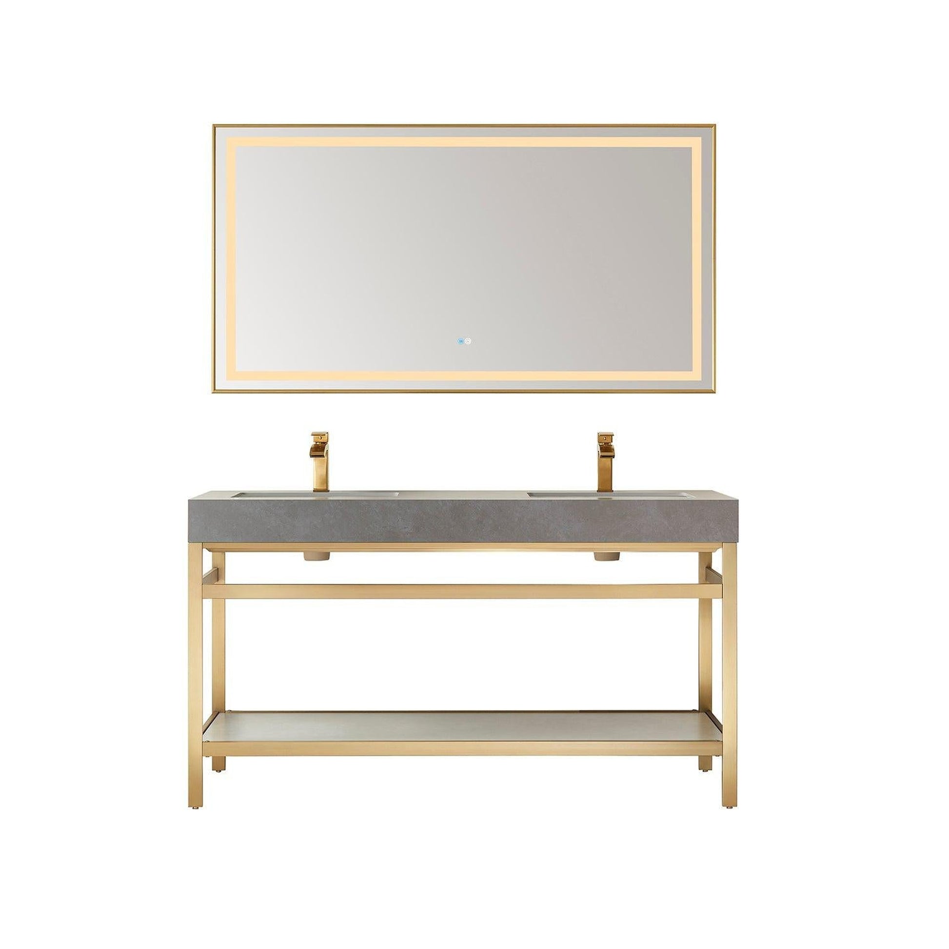 Vinnova Funes 60" Double Sink Bath Vanity In Brushed Gold Metal Support With Grey Sintered Stone Top And Mirror